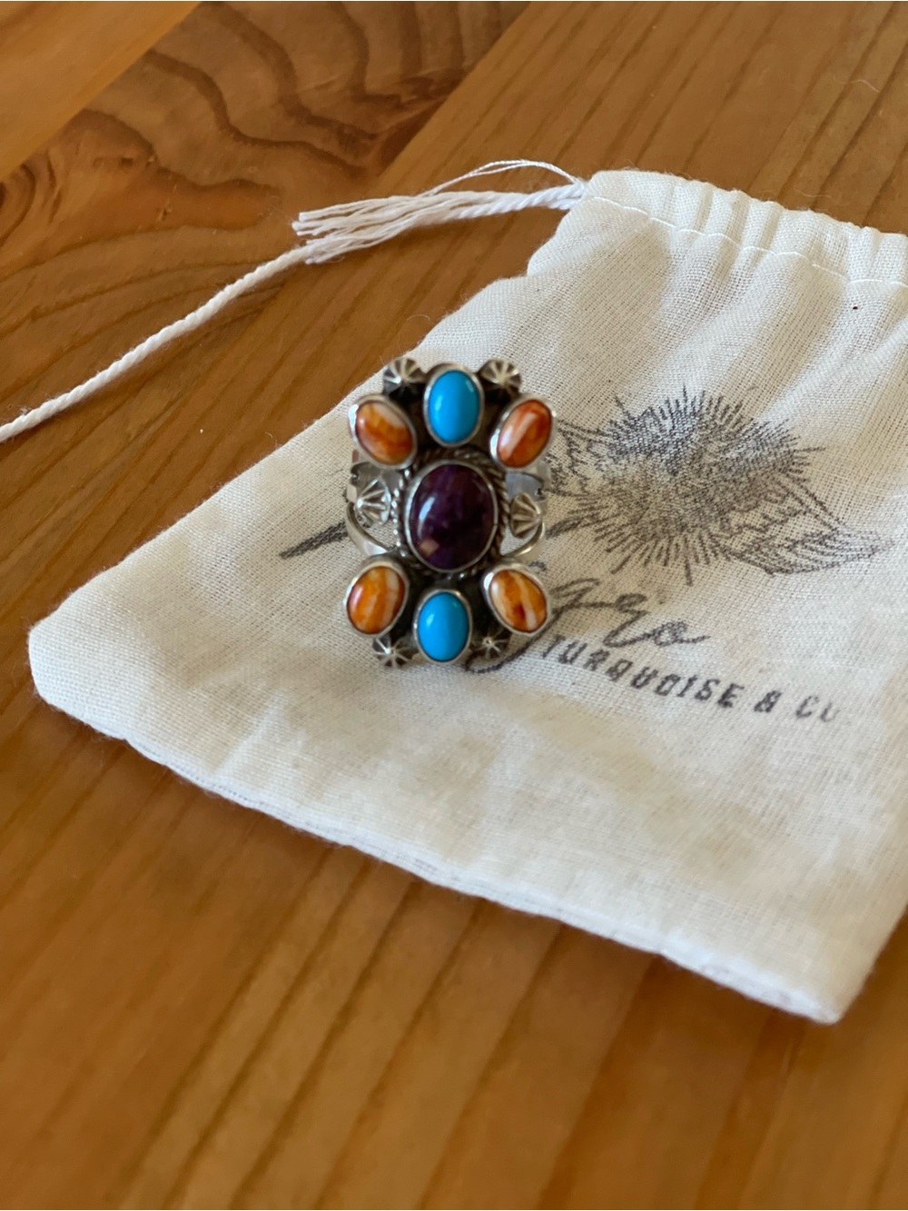 Native Made Running Bear 925 Sterling Ring with Turquoise and Spiny Oyster